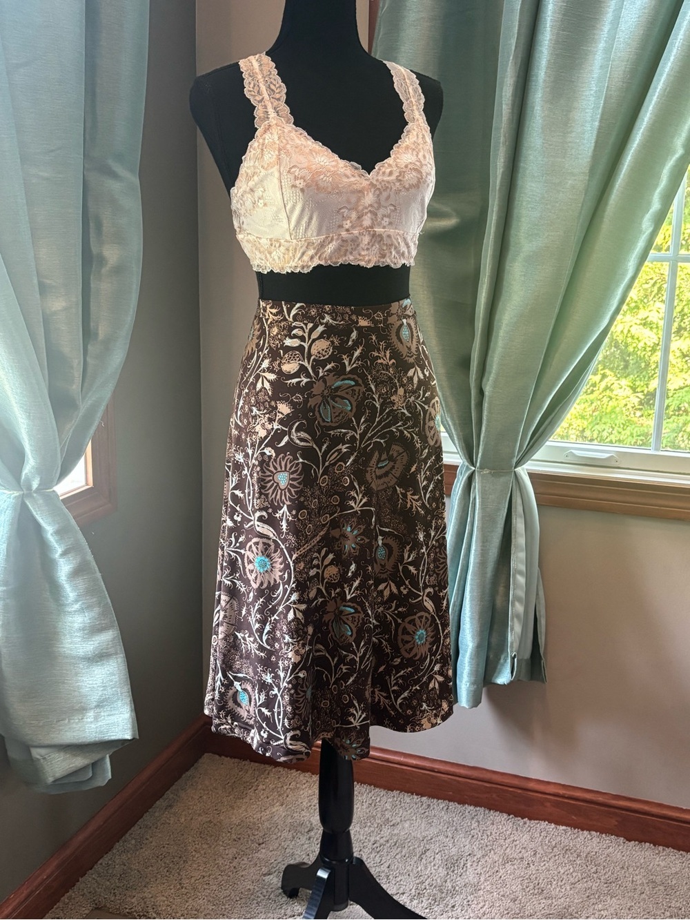 attention Brown Floral Maxi Skirt with Teal Accents